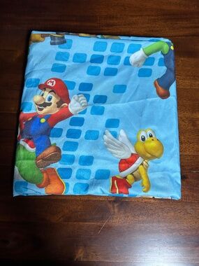 Super Mario Bros Twin Flat Sheet Nintendo Gaming Blue Pixel Pattern